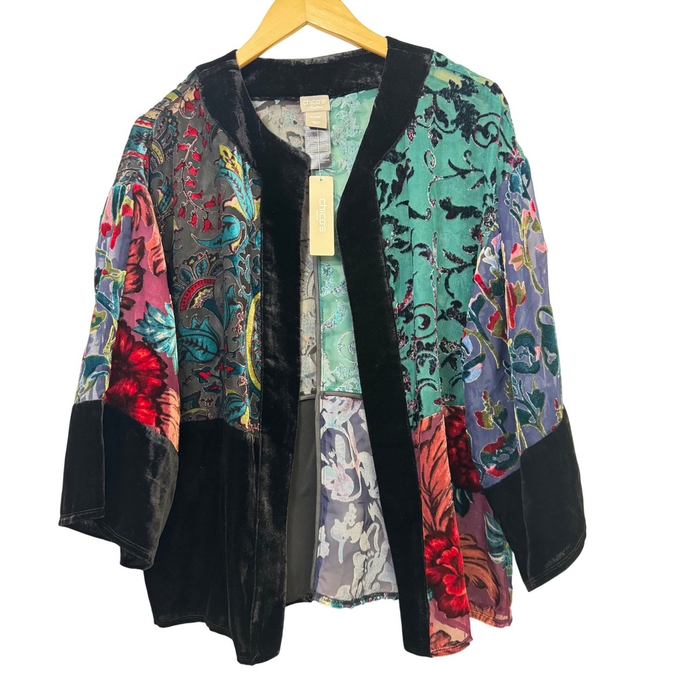 Chicos NWT Velvet Burnout Kimono S M Jacket Patchwork Whimsigoth BOHO Romantic